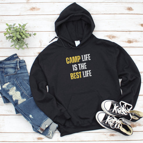 Introducing the ultimate Camping Hoodie for all you wilderness aficionados who believe that "Camp Life Is The Best Life" - because let's be honest, nothing beats the smell of pine trees in the morning, or the thrill of discovering that your tent is still waterproof after a surprise midnight downpour.